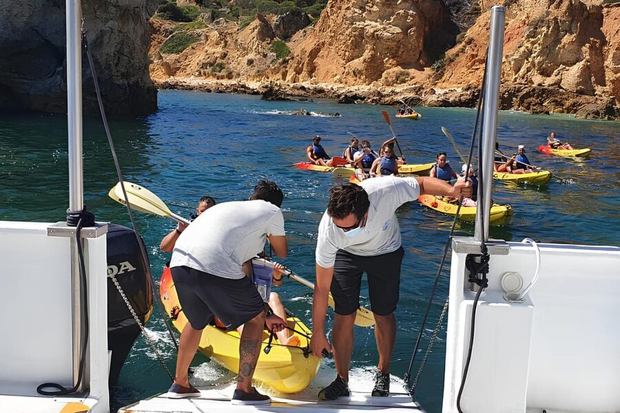 Albufeira Marina: Benagil Cave to Marinha Beach Kayak Tour - Swimming from a quiet beach and the catamaran