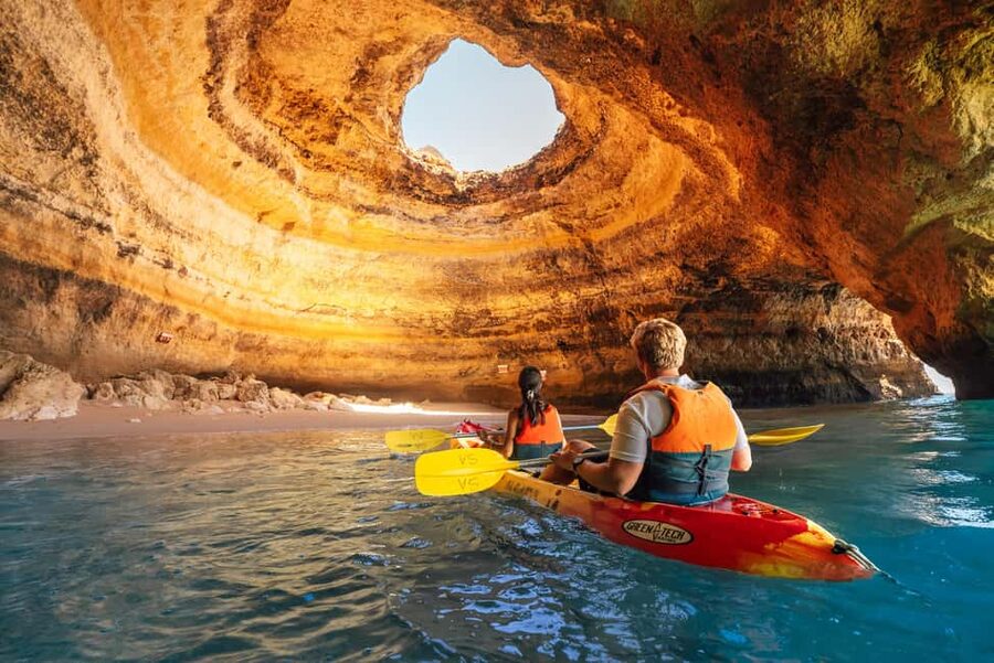 Algarve: Benagil Cave Sunrise Kayak Tour with Shower Use - Paddling from Benagil Beach into the main cave