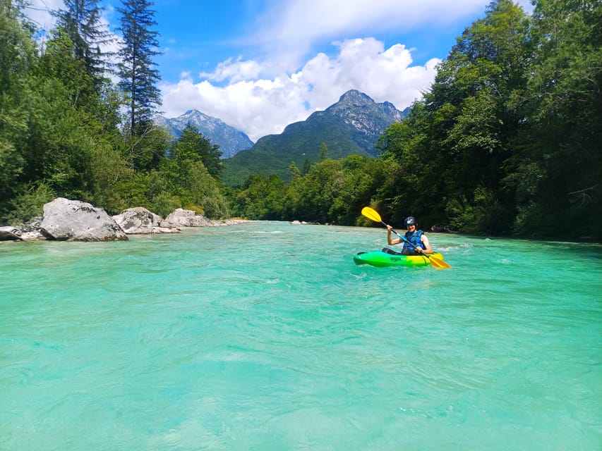 Bovec: Iconic Sit-on-Top Kayak Tour on Soča River +FREEphoto - Following the river toward Hotel Boka