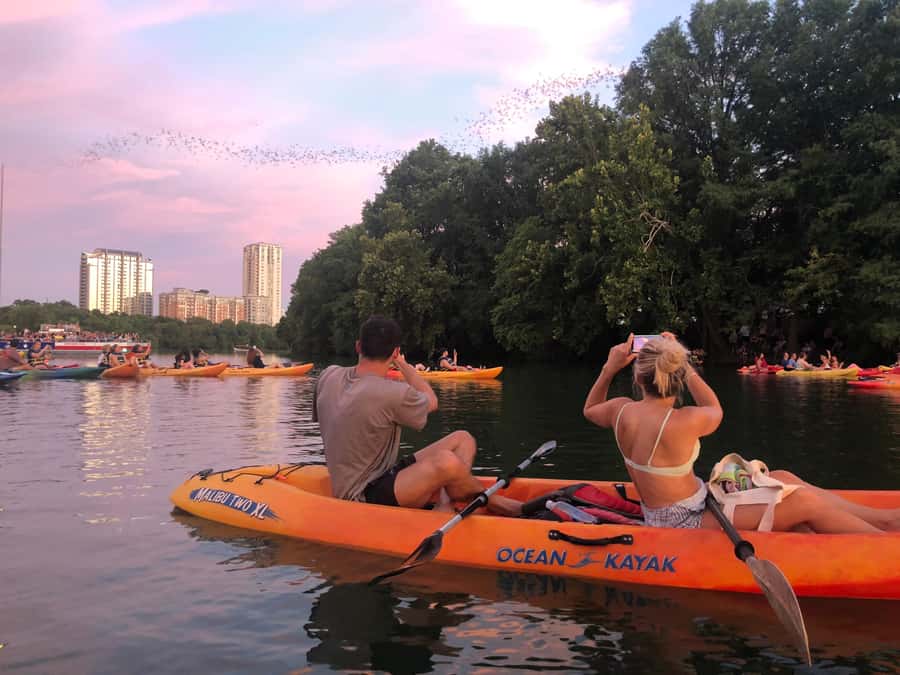 Downtown Sunset Tandem Kayak with 1.5M Bats - Who will enjoy this most?