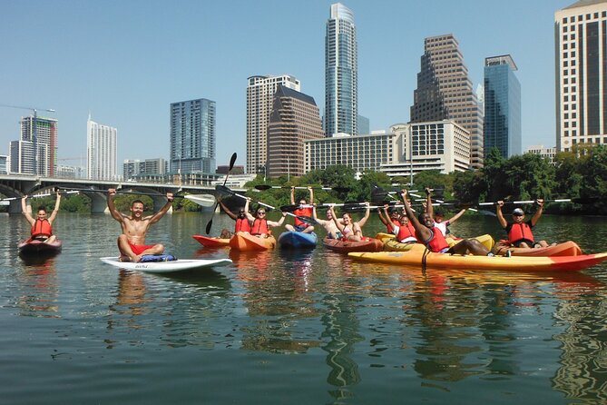 Evening Bat Watching Kayak Tour - Paddling toward Congress Avenue Bridge at sunset