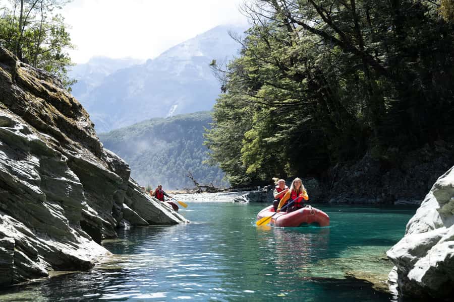 From Queenstown: Dart River Canoe & Jet Boat Day Trip - Paddling a Funyak through clear water