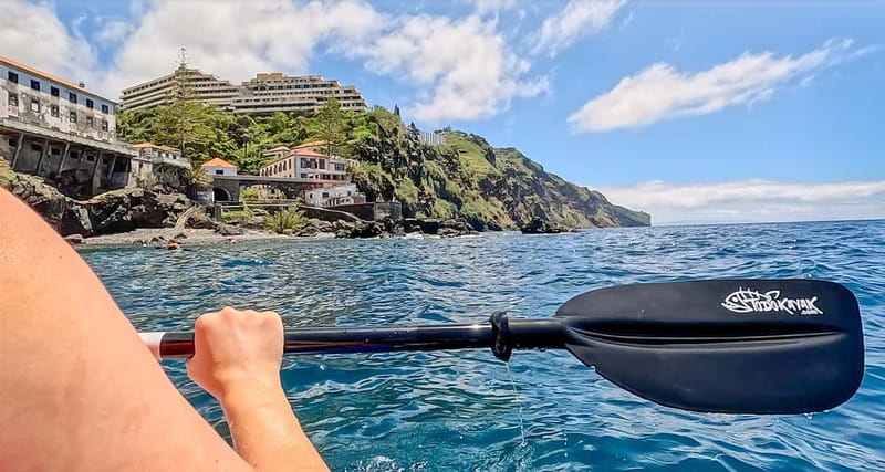 Funchal: Kayak and Snorkel Tour to Garajau NR - Paddling out from the Cristiano Ronaldo statue