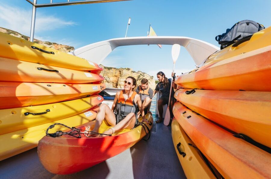Lagos: Kayak Experience - The catamaran ride to the cliffs