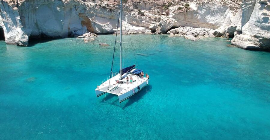 Milos: Full-Day Catamaran Cruise with Paddle Board - Kalogries Bay brings the first swim