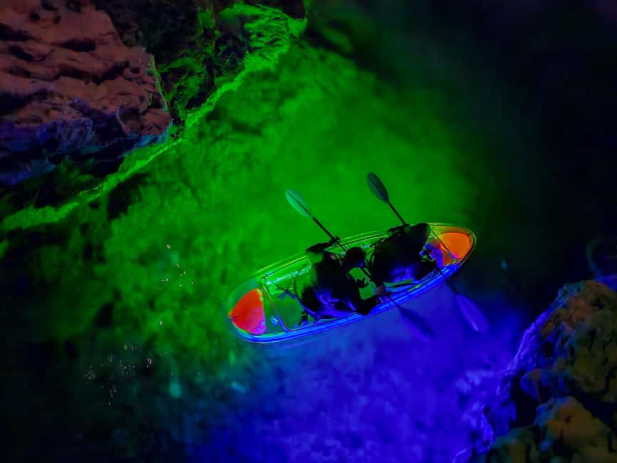 Pula: Istria Cave LED Illuminated Kayak Tour by Night - A clear kayak changes the view after sunset