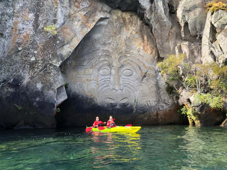 Taupo: Maori Rock Carvings Kayaking Tour - The first paddle across clear freshwater